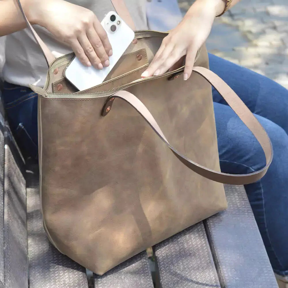 Eden LARGE Leather Tote Bag - Zippered by Mission Mercantile Leather Goods, handmade leather goods main product photo