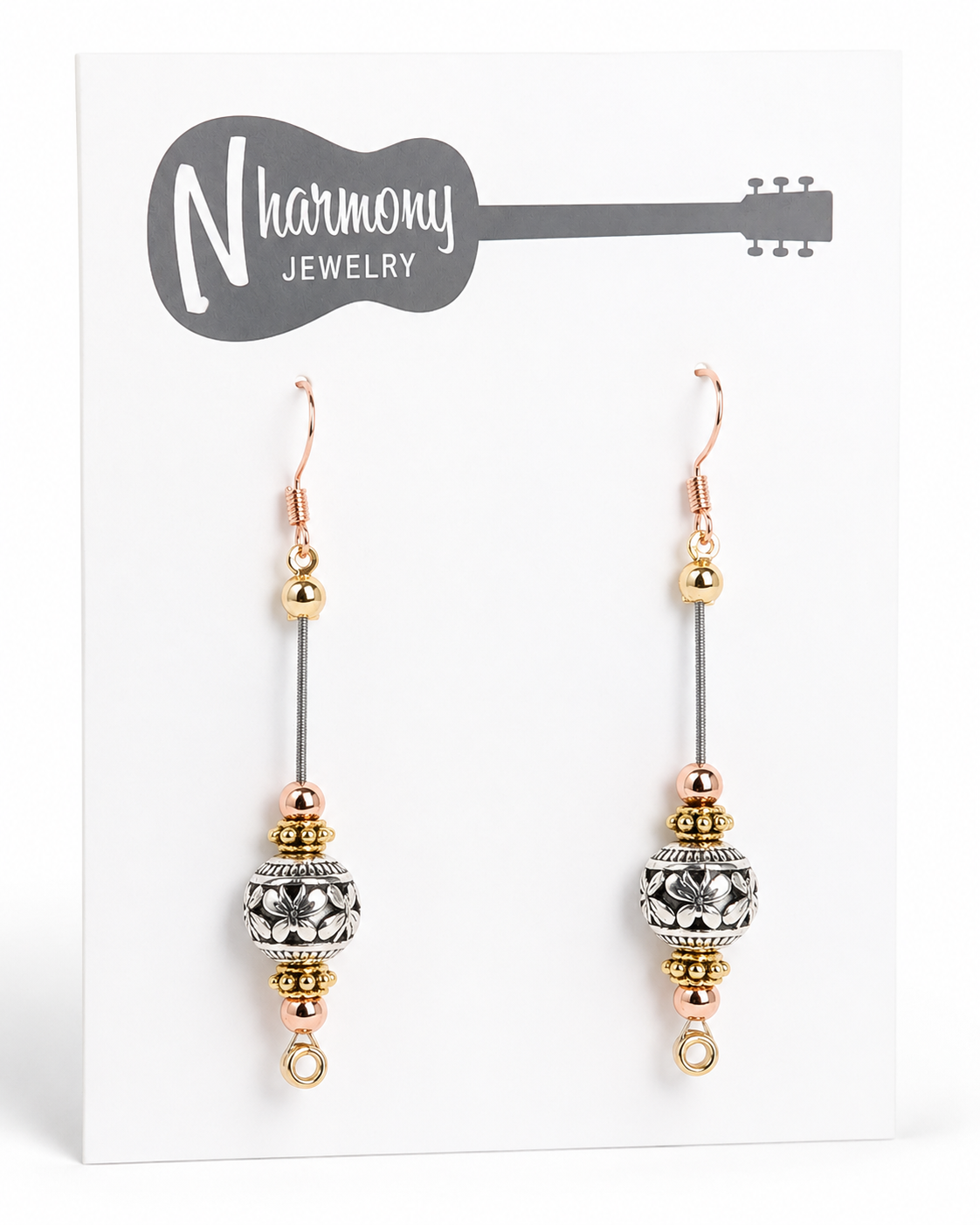 Tri Colored Guitar String Drop Earrings by N Harmony Jewelry, handmade jewelry detail photo 3