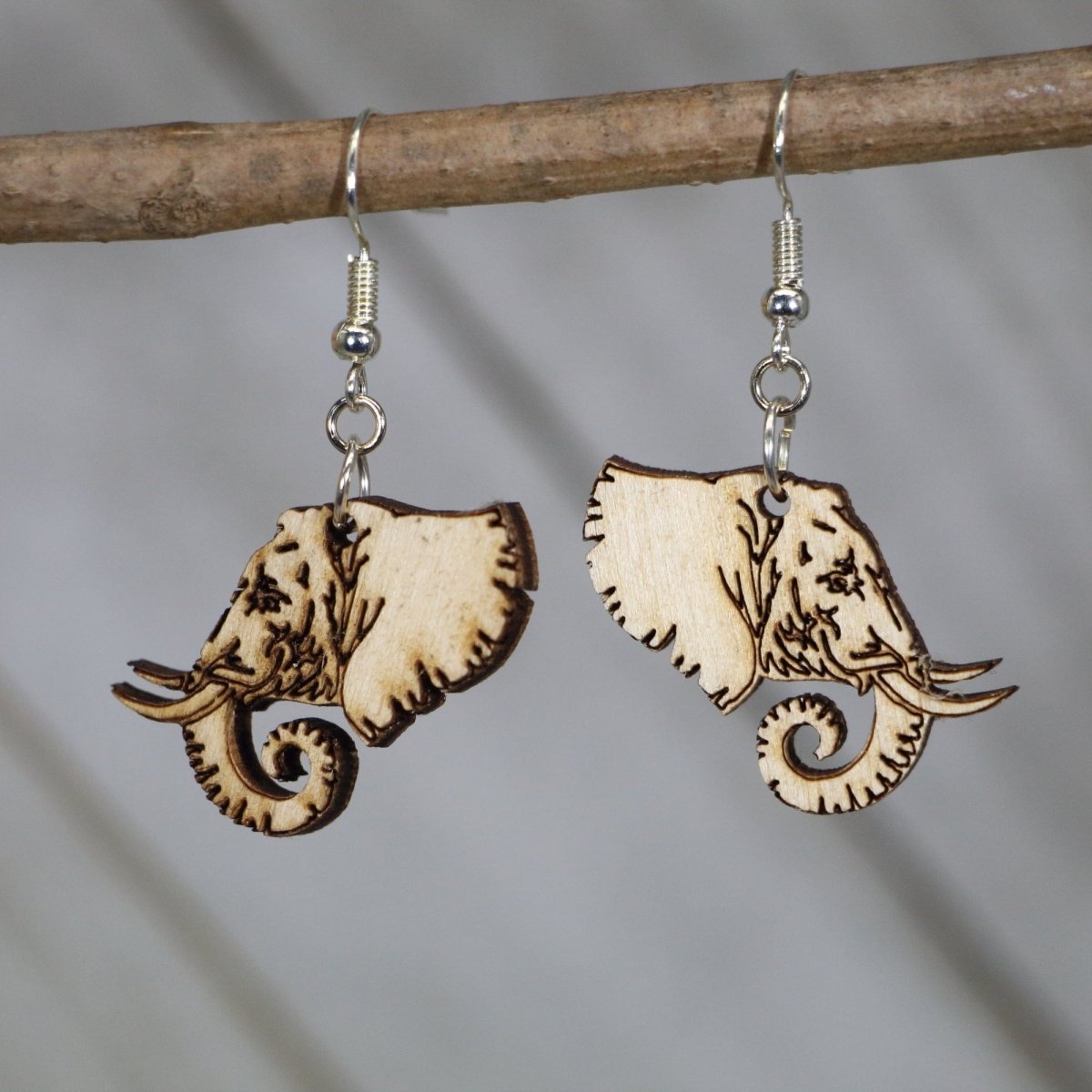 Elephant Profile Wooden Dangle Earrings | Animal Jewelry
