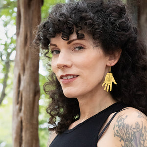 Additional view of Tarot Hand Hoop Earrings hand painted on lightweight wood by LE CHIC MIAMI