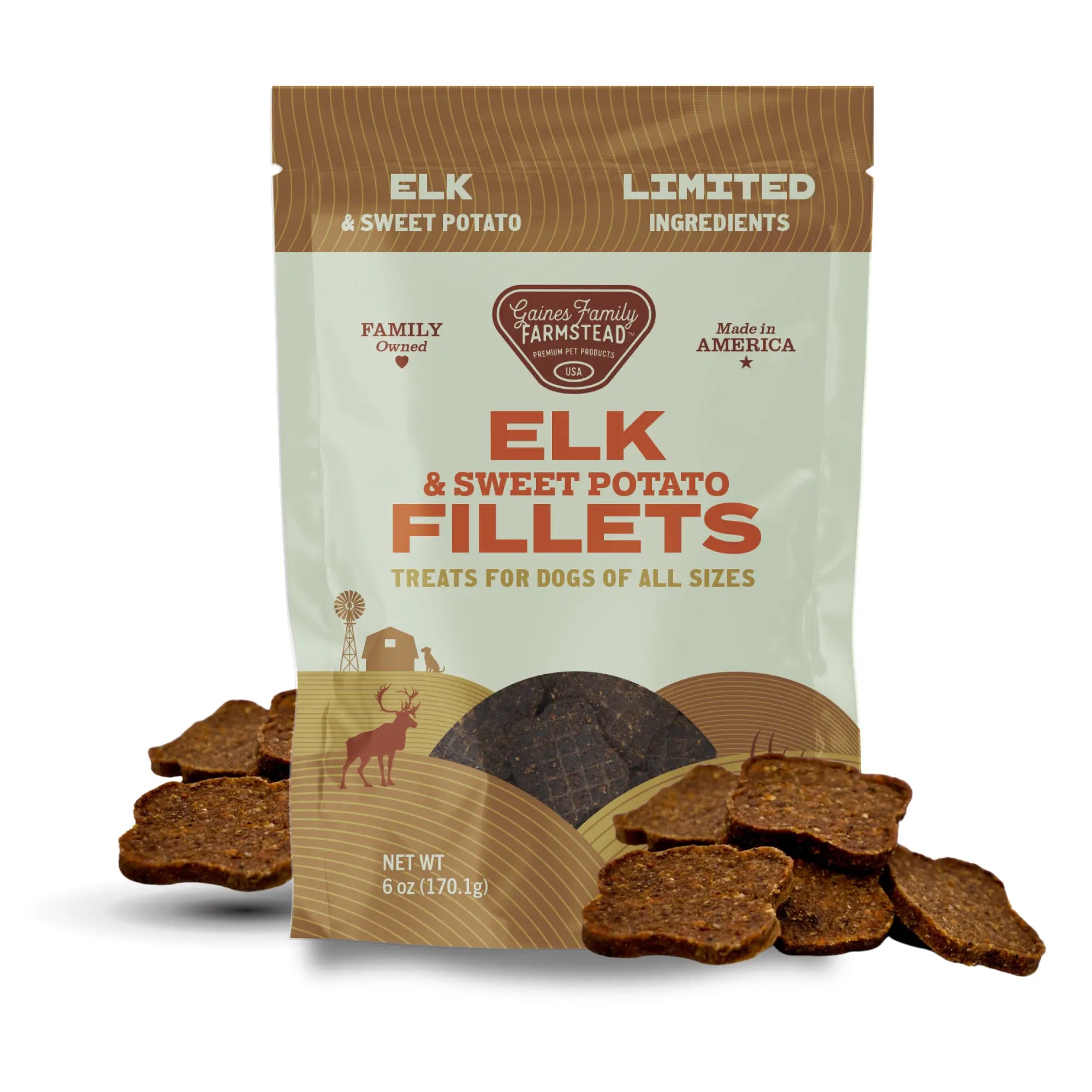 Elk and Sweet Potato Fillets natural dog treats by Gaines Family Farmstead