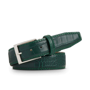 Emerald Mock Croc Leather Belt by Roger Ximenez: Bespoke Belts and Leather Accessories, handmade leather goods detail photo 2