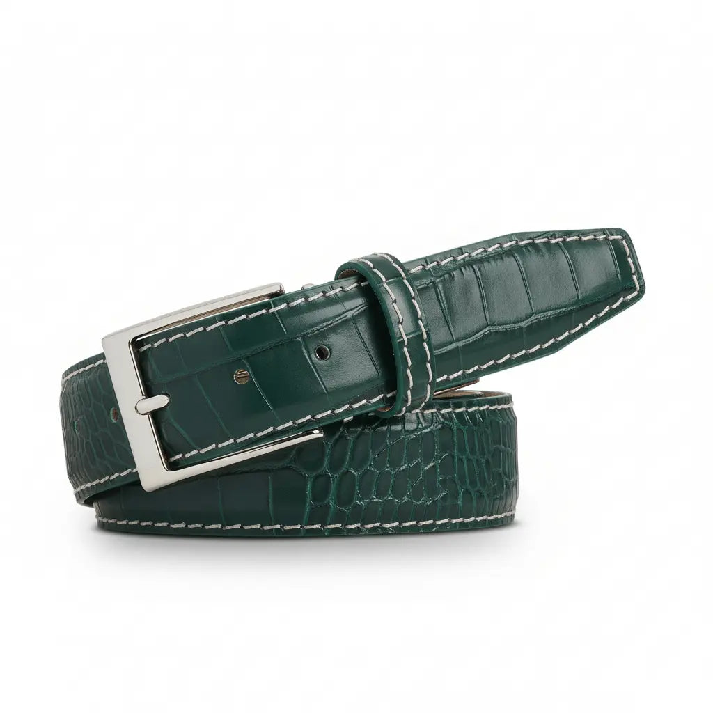 Emerald Mock Croc Leather Belt by Roger Ximenez: Bespoke Belts and Leather Accessories, handmade leather goods detail photo 4