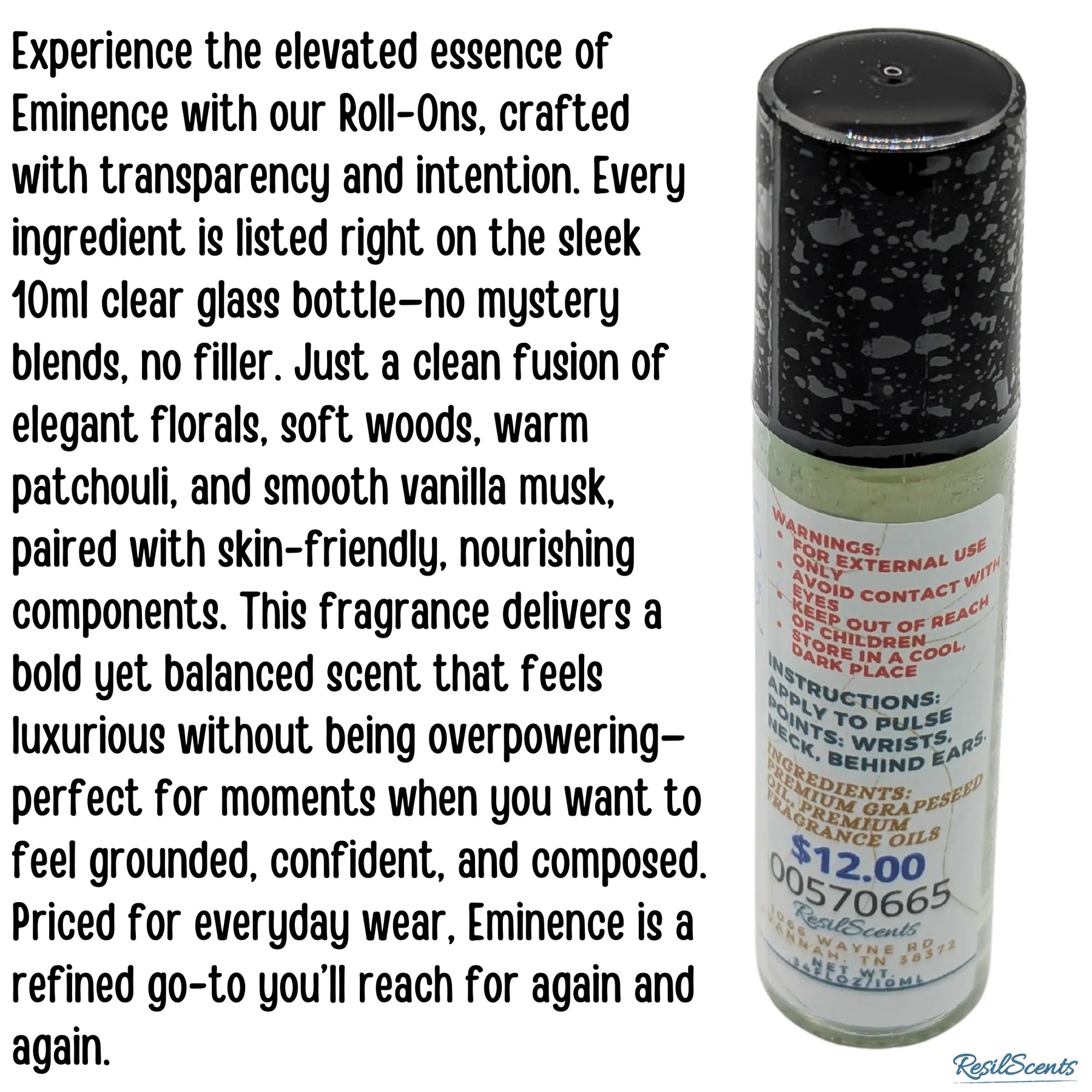 Eminence Roll-On Oil: close-up of a clear glass bottle with ingredients and warnings label, highlighting grapeseed oil.