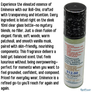 Eminence Roll-On Oil: close-up of a clear glass bottle with ingredients and warnings label, highlighting grapeseed oil.