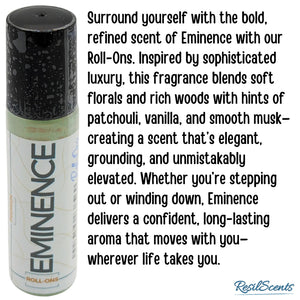 Eminence Roll-On bottle: light green label with 'Eminence' and fragrance notes description with the brand name ResilScents.