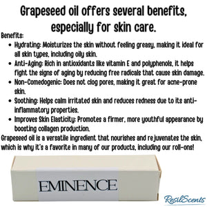 Grapeseed oil benefits for skincare, including Eminence roll-on oil box with ingredients and product information listed.