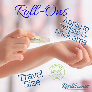 ResilScents roll-on oil being applied to a wrist. Features travel size text and an all-skin-type graphic.