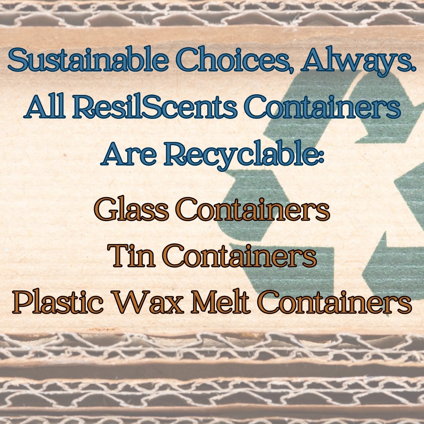 ResilScents containers are recyclable: glass, tin, and plastic wax melt containers against a cardboard background with recycle symbol.
