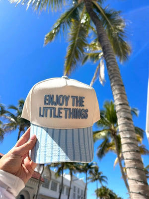 Enjoy the Little Things - Blue Stripe Vintage Trucker Hat - PREORDER KenzKustomz