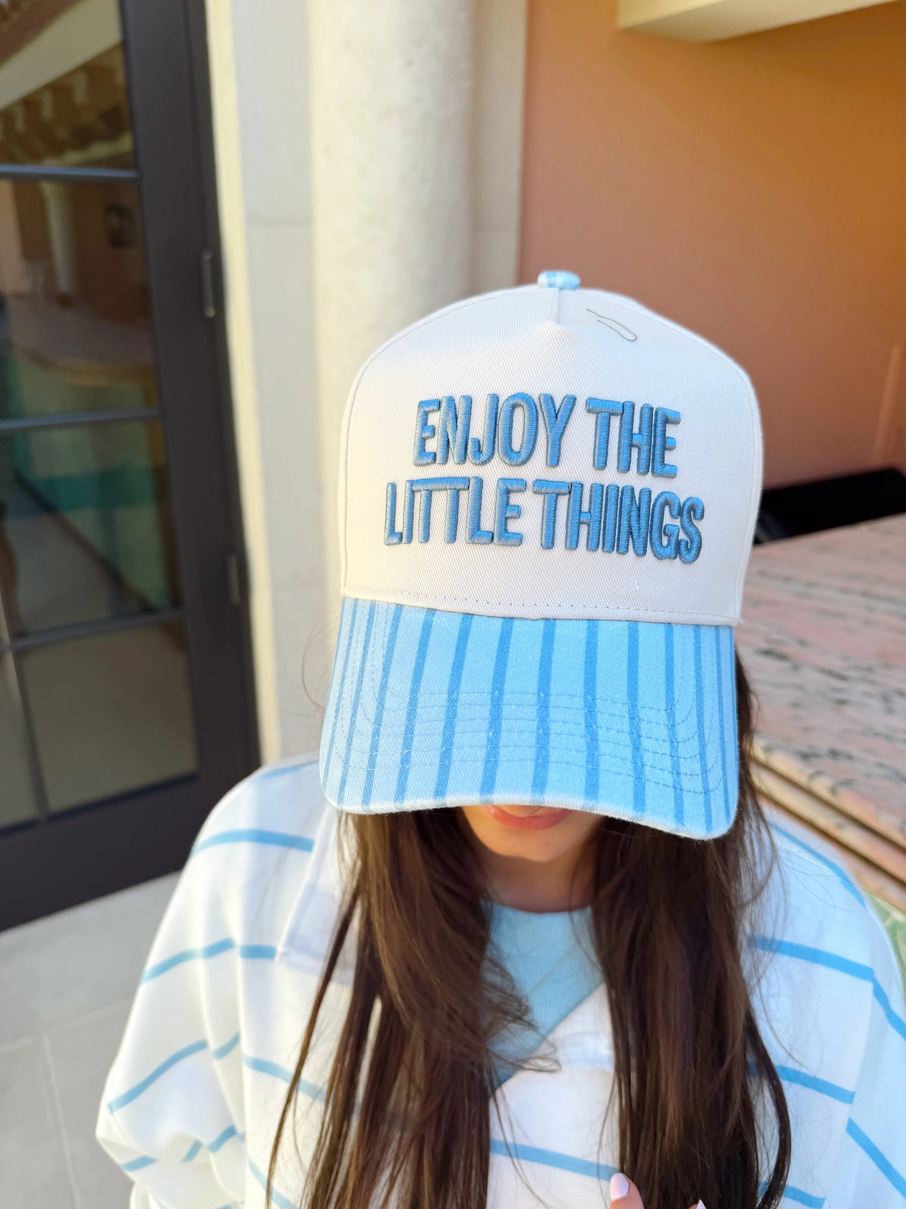 Enjoy the Little Things - Blue Stripe Vintage Trucker Hat - PREORDER KenzKustomz