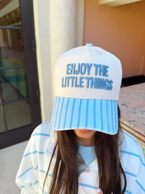 Enjoy the Little Things - Blue Stripe Vintage Trucker Hat - PREORDER KenzKustomz