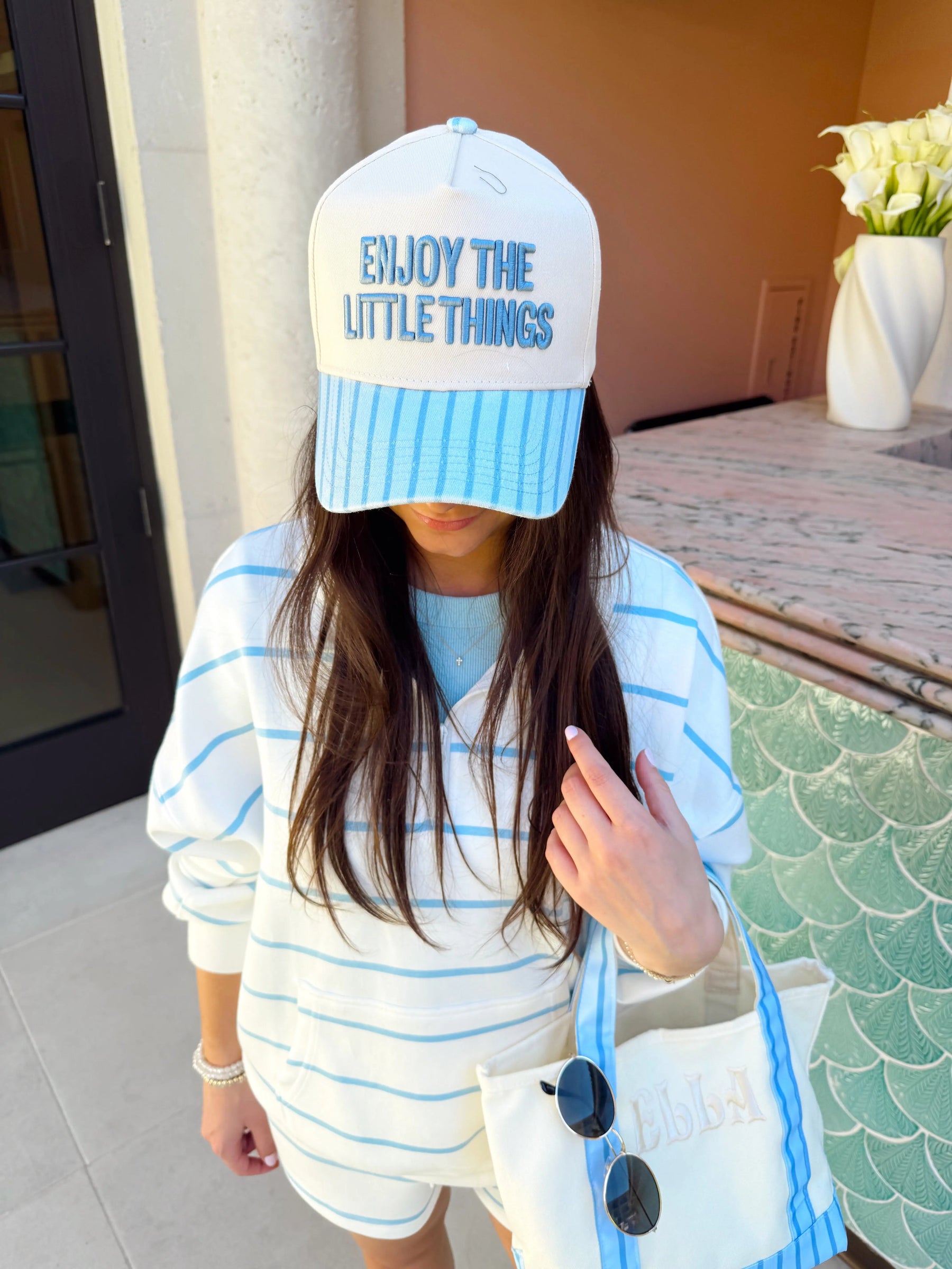 Enjoy the Little Things - Blue Stripe Vintage Trucker Hat - PREORDER KenzKustomz