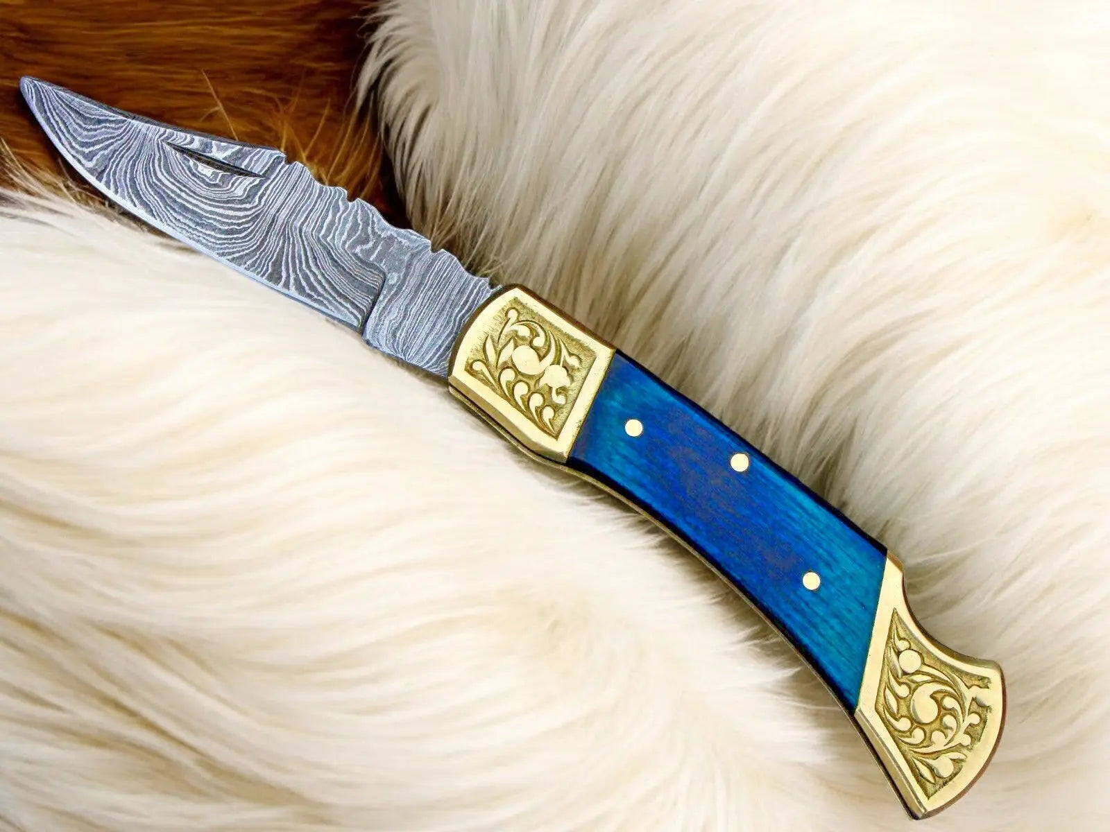 Exotic Blue Wood Damascus Pocket Knife | Back Lock Damascus Knife Store