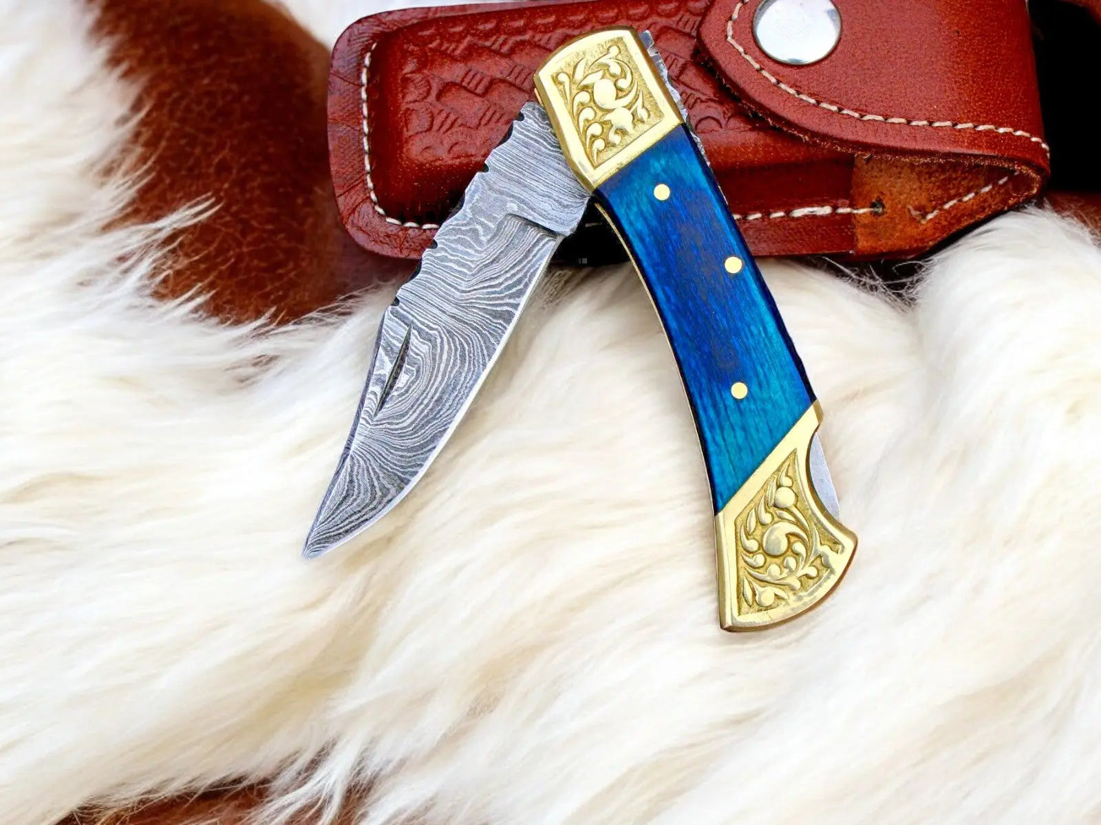 Exotic Blue Wood Damascus Pocket Knife | Back Lock Damascus Knife Store