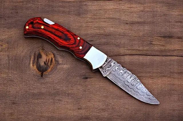 Exotic Wood Damascus Pocket Knife with Back Lock by Damascus Knife Store, Damascus knife main product photo