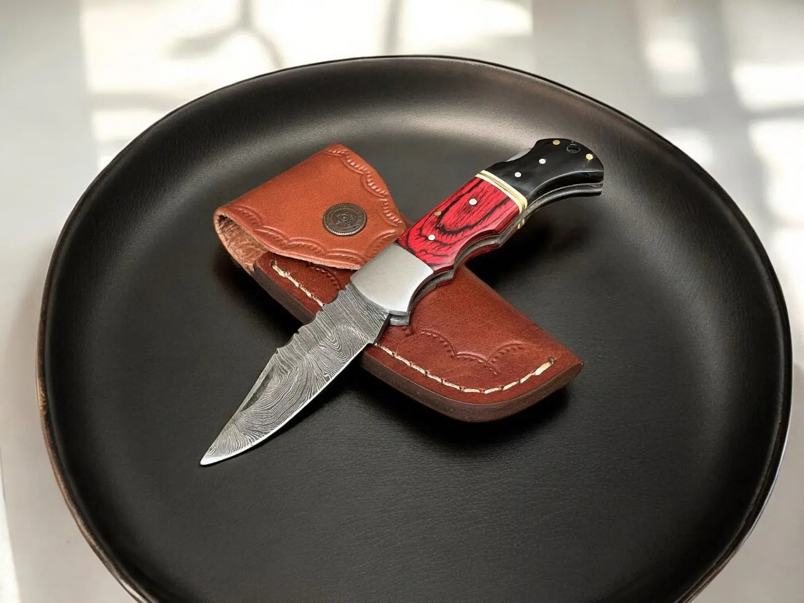 Exotic Wood & Horn Damascus Folding Knife – 3" Blade by Damascus Knife Store, Damascus knife main product photo