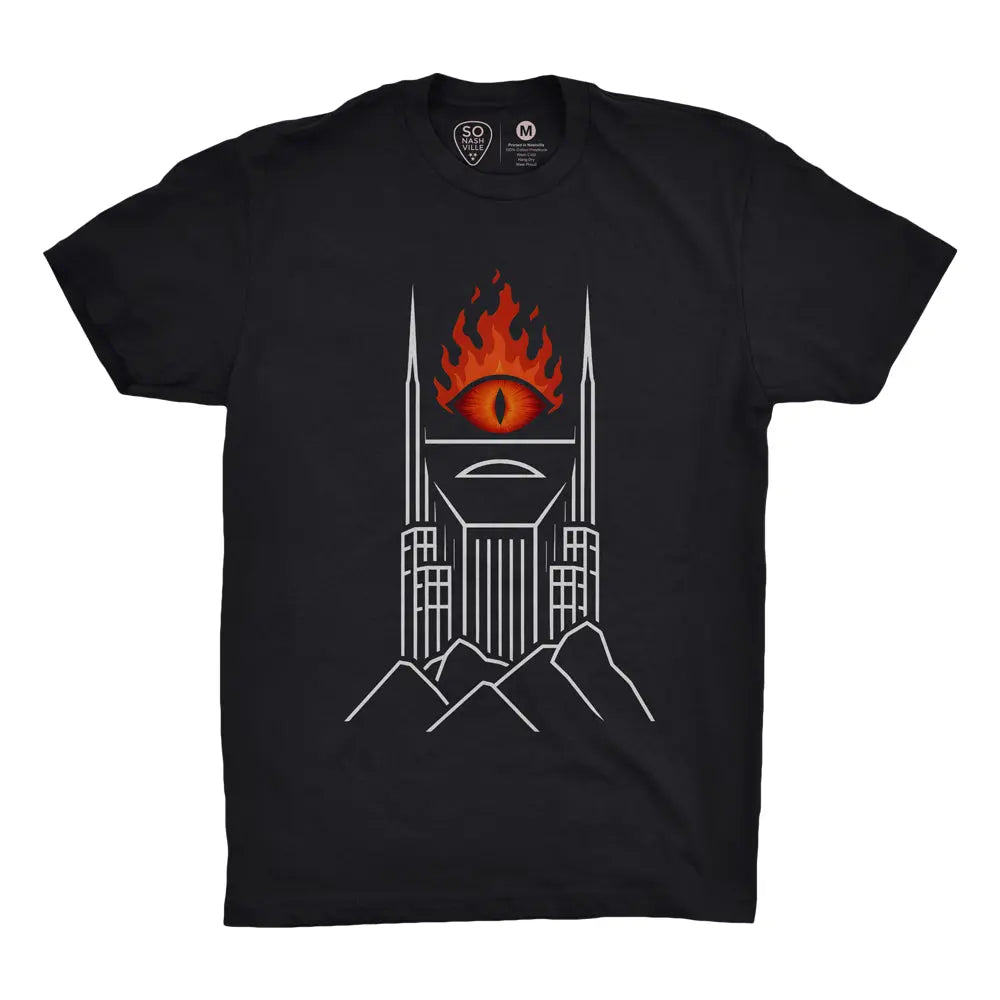 Black t-shirt with white outline of the Eye of Sauron atop twin towers