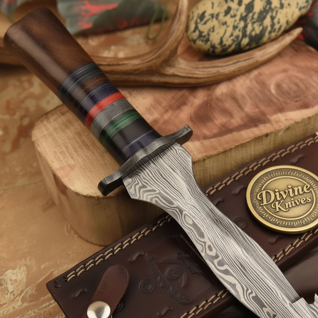Layered Handle Boot Dagger with Stacked Colour Spacers and Forged Double Edge Blade by Divine Knives — product view 2