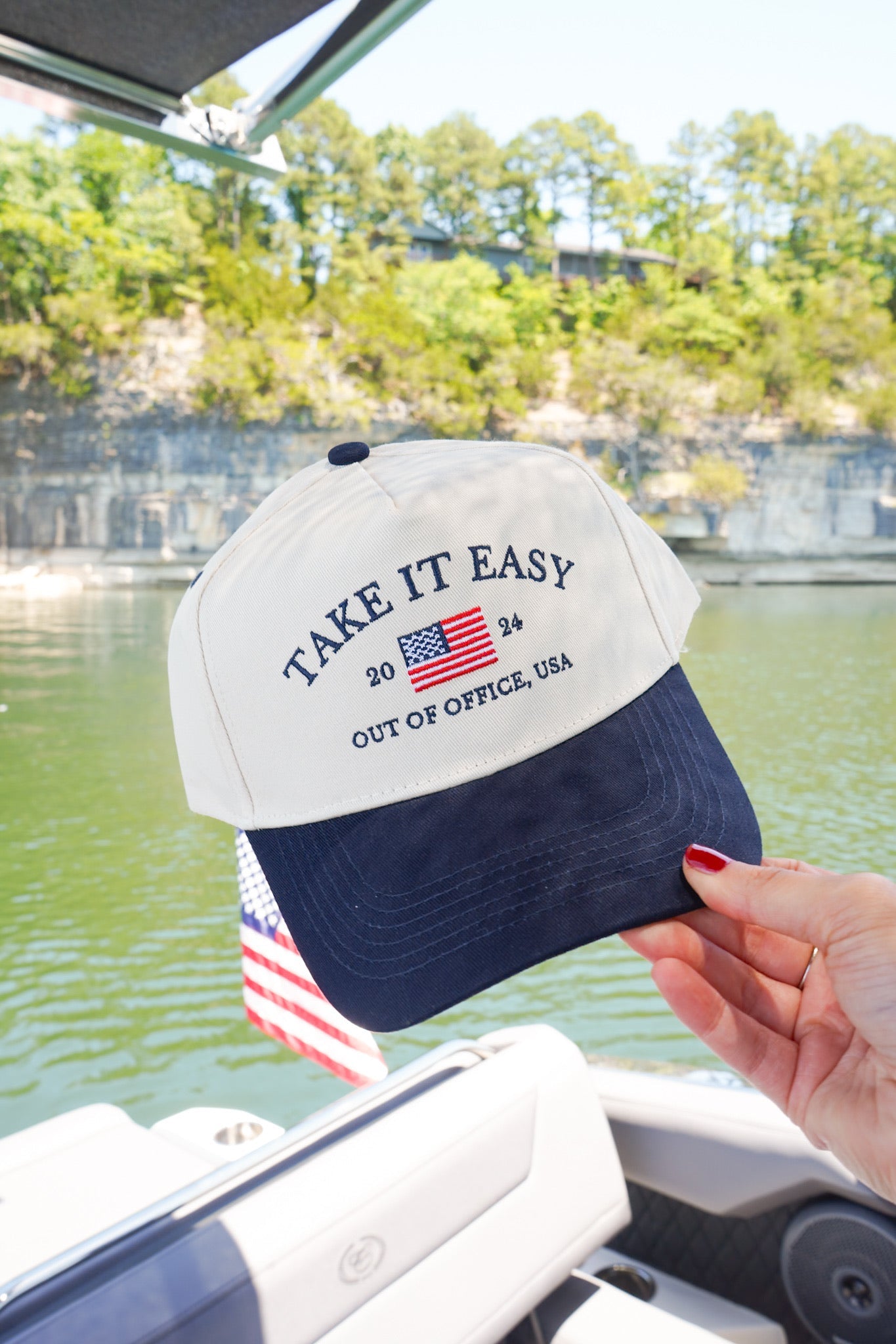 Take it Easy Navy Flag Vintage Trucker Hat by KenzKustomz, Southern lifestyle apparel main product photo