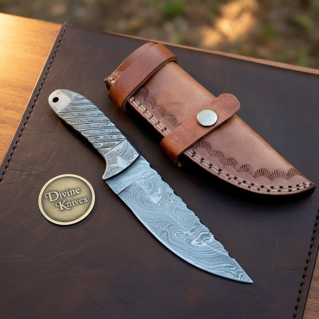Skeleton Handle Skinning Knife with One Piece Forged Body and Fan Stamped Leather Sheath by Divine Knives — product view 1