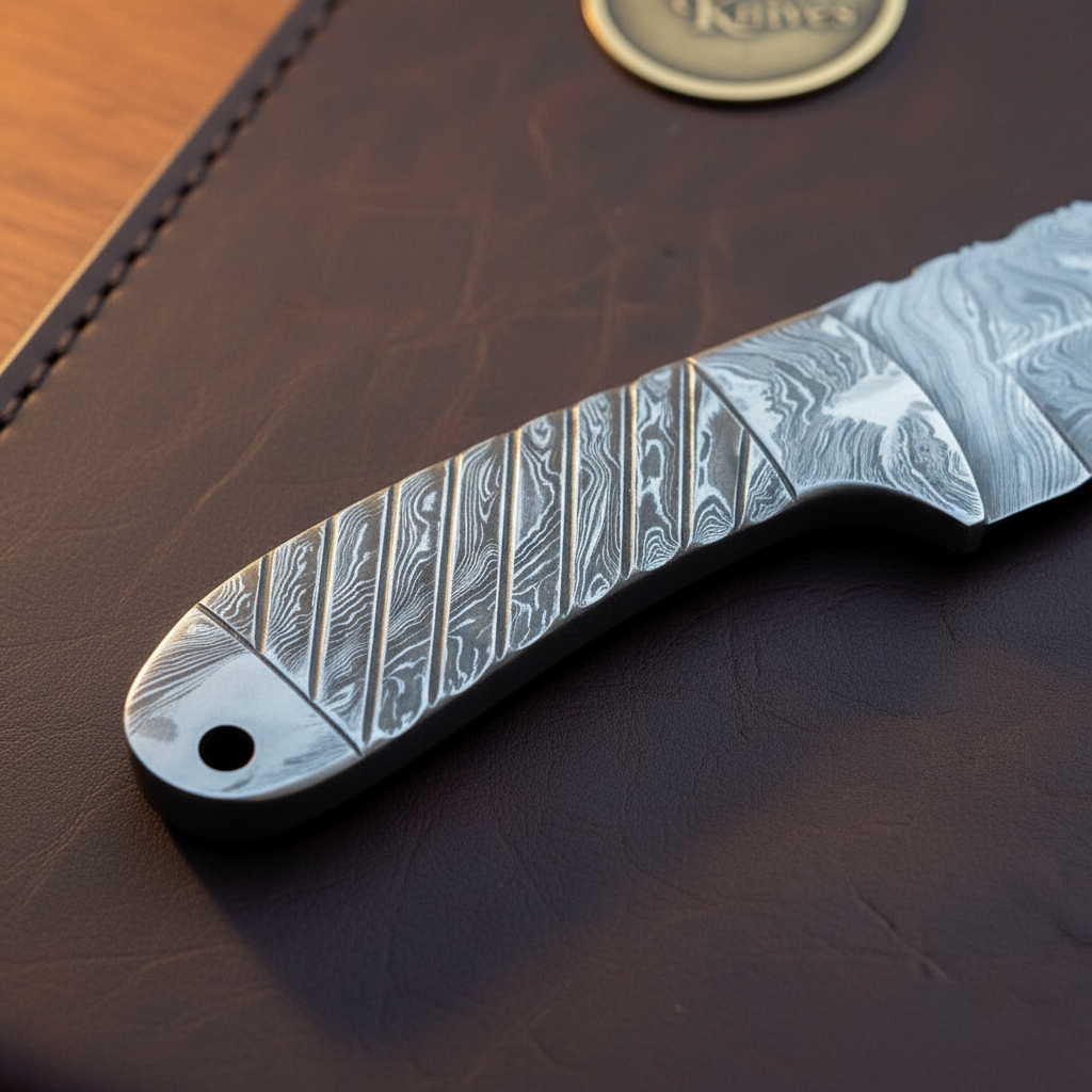 Skeleton Handle Skinning Knife with One Piece Forged Body and Fan Stamped Leather Sheath by Divine Knives — product view 2