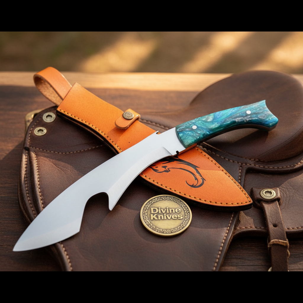 Blue Resin Shark Fish Blade Gurkha Kukri with Ocean Colors handle by Divine Knives — product view 1