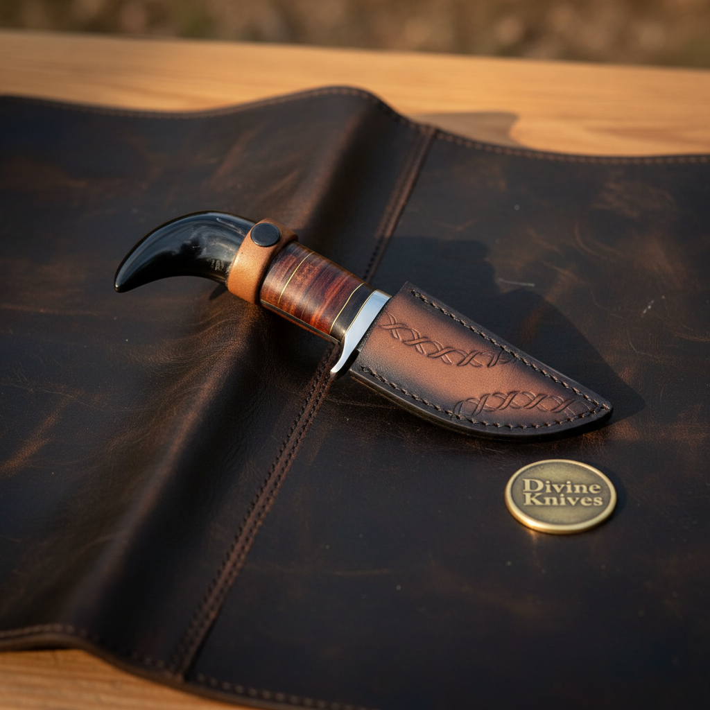 Buffalo Horn Caping Knife with Stacked Leather Grip and Braid Tooled Leather Sheath by Divine Knives — product view 1