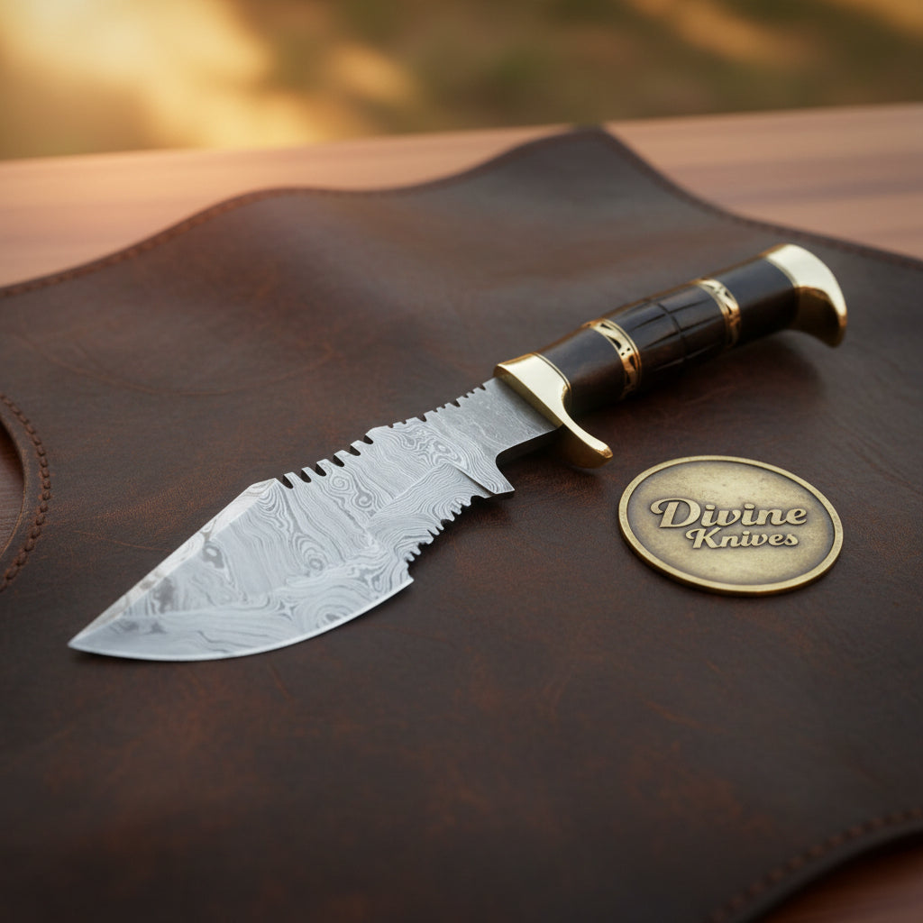 Brass Inlay Sawback Skinner with Banded Hardwood Handle and Snap Close Leather Sheath by Divine Knives — product view 2