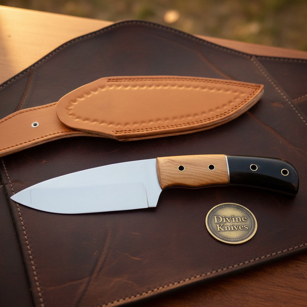 Olive Wood Handle EDC Knife with Buffalo Horn Inlay and Stamped Tan Leather Sheath by Divine Knives — product view 1