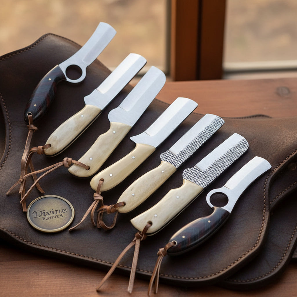 Bull Cutter Knife Set of 5 with Mixed Bone & Buffalo Horn Handles by Divine Knives