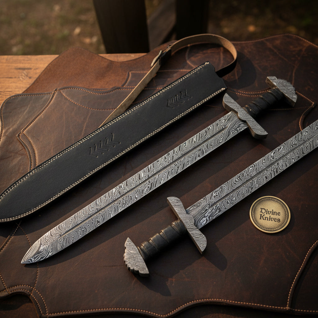 Hand Forged Viking Sword Set with Pattern Welded Blades and Stitched Black Scabbard by Divine Knives — product view 1