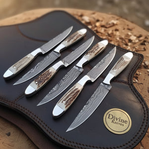 Denton Damascus Steak Knives with Antler Handles