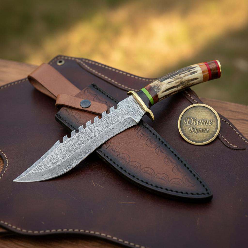 Serrated Spine Bowie Knife with Stag Antler Handle and Hand Forged Layered Blade by Divine Knives — product view 2