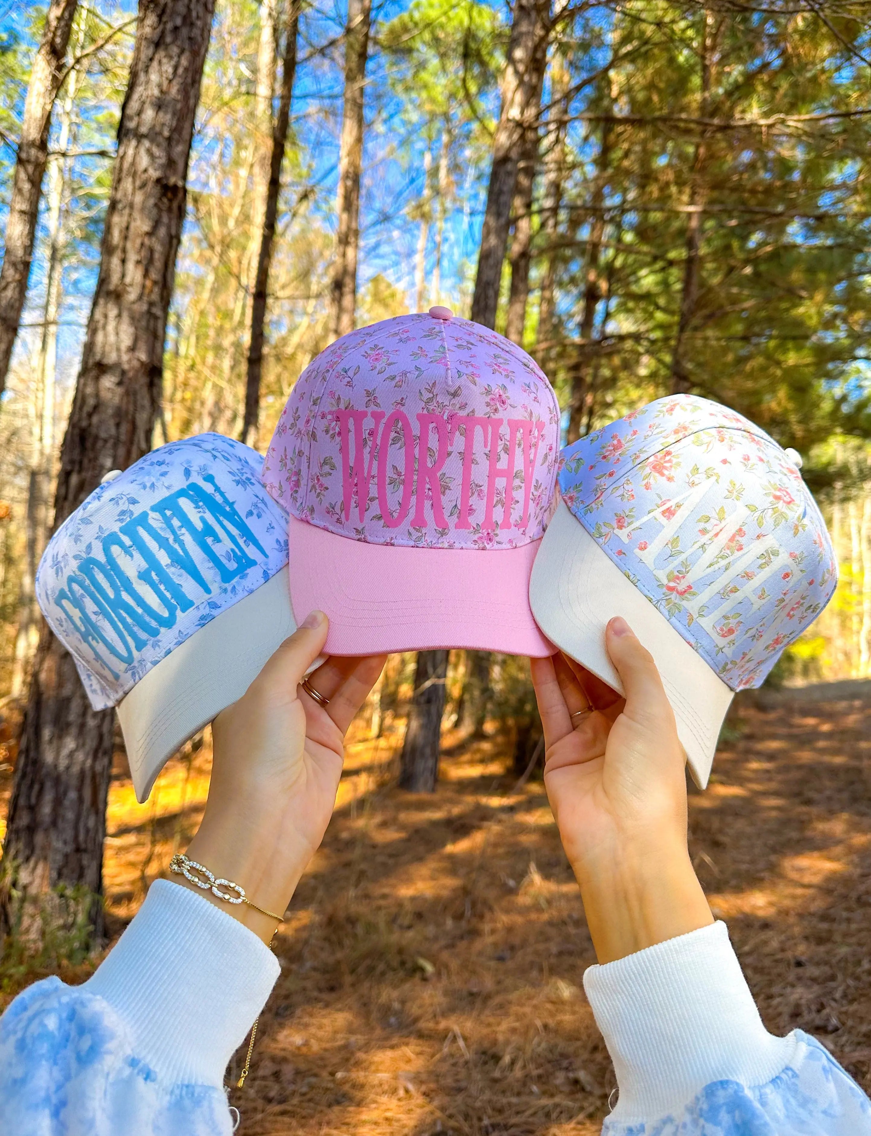 FORGIVEN Floral White/Light Blue Trucker Hat by Southern Bliss Company, Southern lifestyle apparel detail photo 2