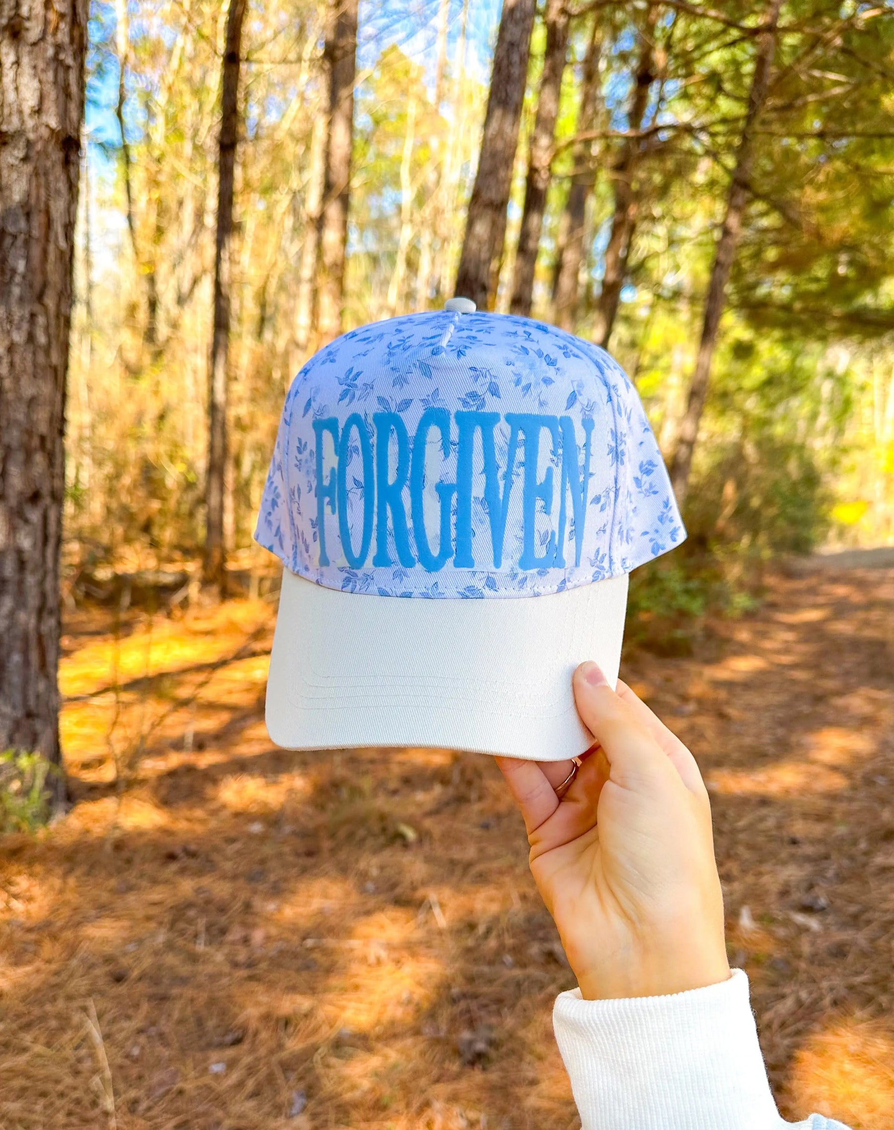 FORGIVEN Floral White/Light Blue Trucker Hat by Southern Bliss Company, Southern lifestyle apparel detail photo 3