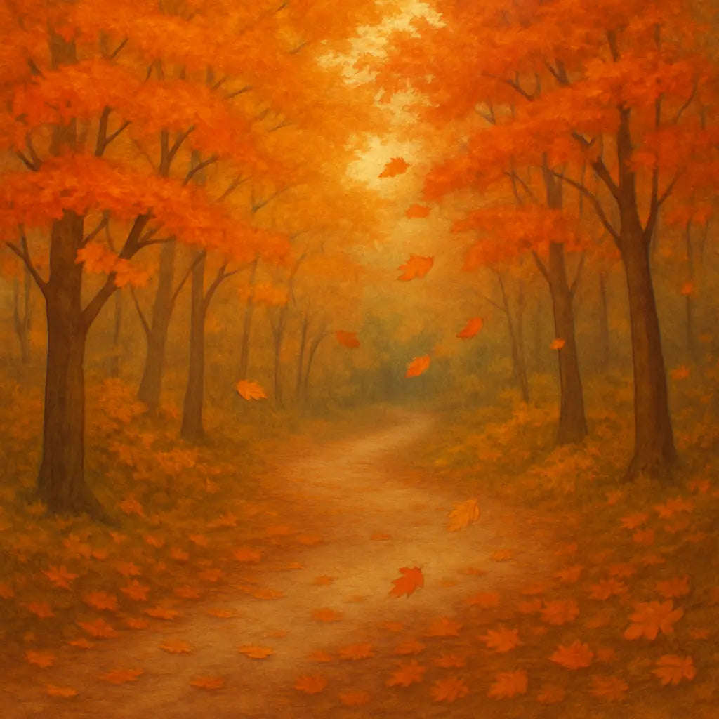 Autumn path with falling orange leaves wax melt background, trees, and foliage create a warm aesthetic.