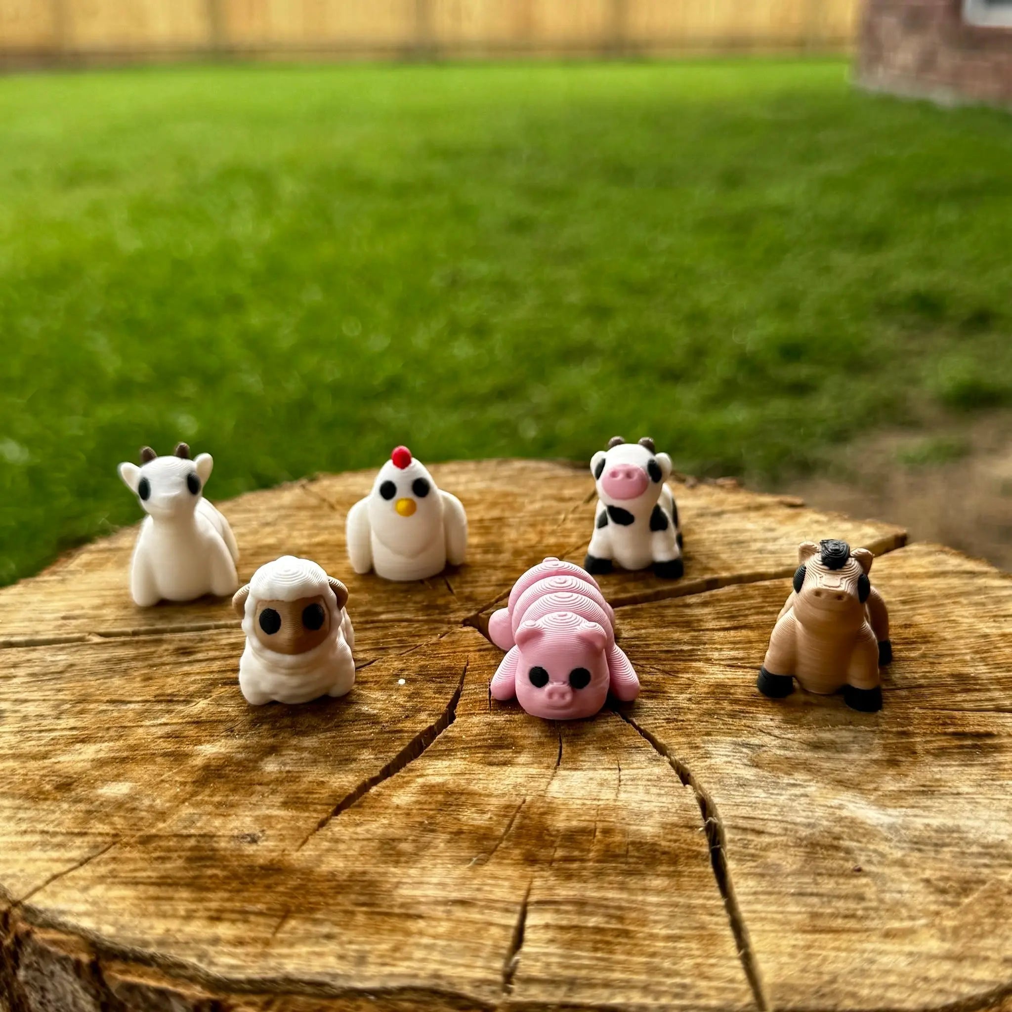 Farm Animal Fidgets: 3D Printed Cow, Pig, Goat, Horse, Sheep & Chicken Sensory Toys on Wood Stump | Main Street Collective