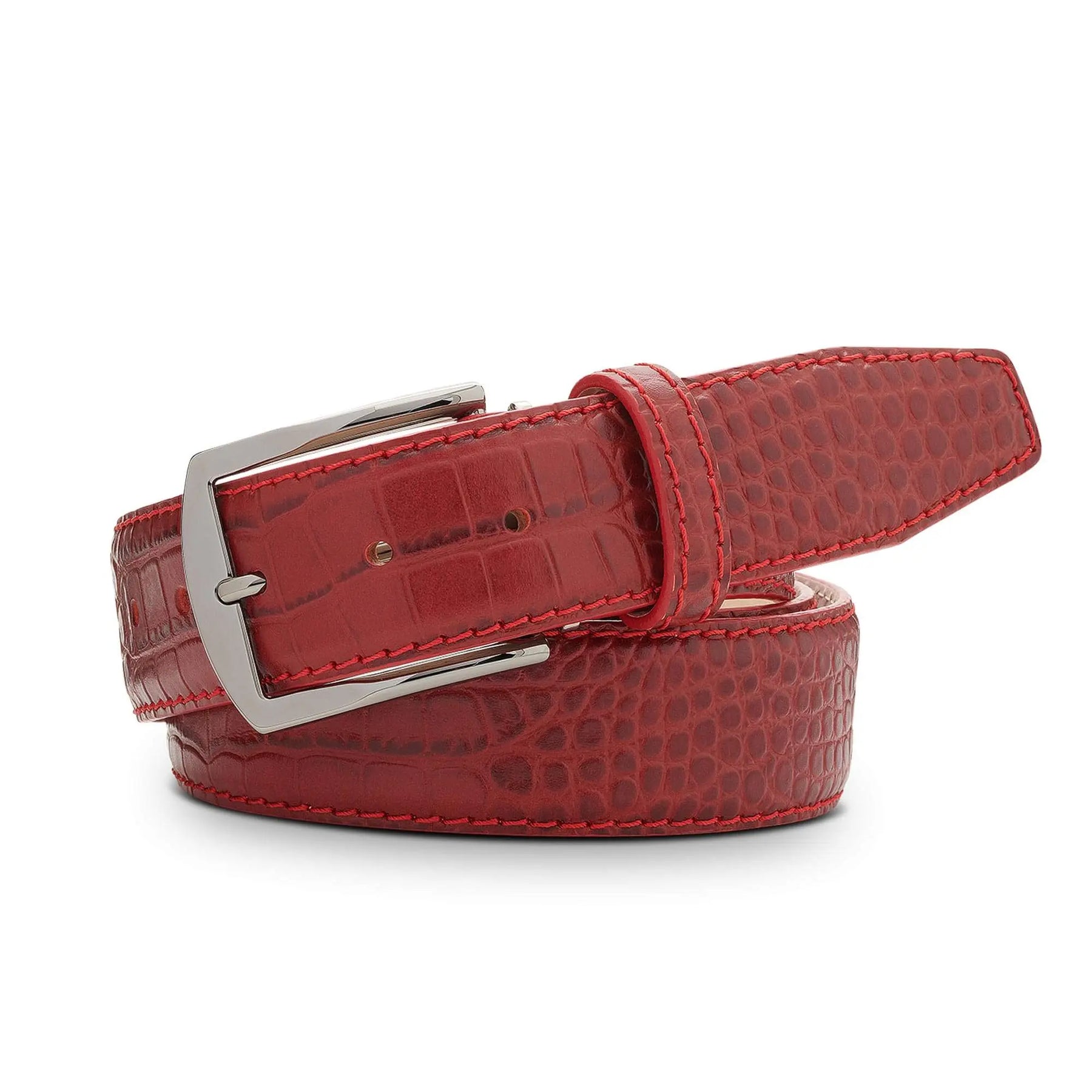 Ferrari Red Mock Croc Leather Belt by Roger Ximenez: Bespoke Belts and Leather Accessories, handmade leather goods detail photo 2