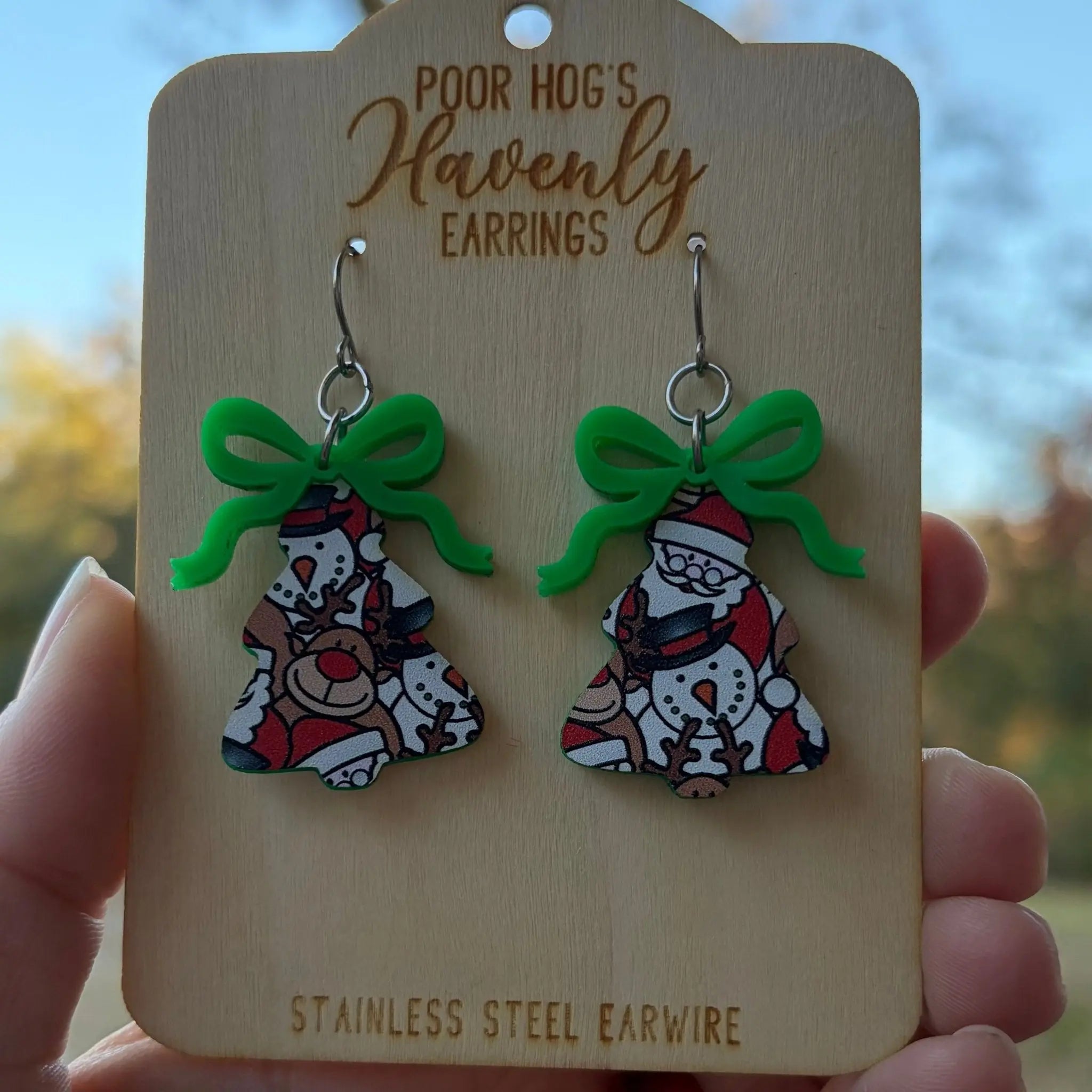 Christmas Tree Earrings: Santa, Reindeer, Snowman Design with Green Bow. Handmade holiday jewelry from Main Street Collective.