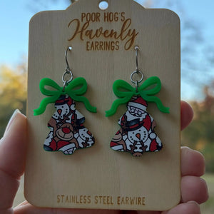 Christmas Tree Earrings: Santa, Reindeer, Snowman Design with Green Bow. Handmade holiday jewelry from Main Street Collective.