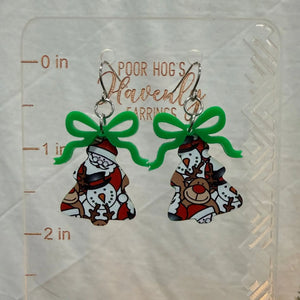 Christmas Tree Earrings with Snowman & Reindeer Design and Green Bows - Holiday Jewelry for Festive Style