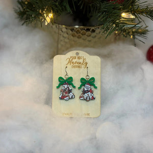 Christmas Tree Earrings: Snowman & Reindeer Design, Green Bow, Handmade Holiday Jewelry, Main Street Collective