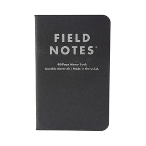 Black Field Notes pocket size memo notebook with text on cover