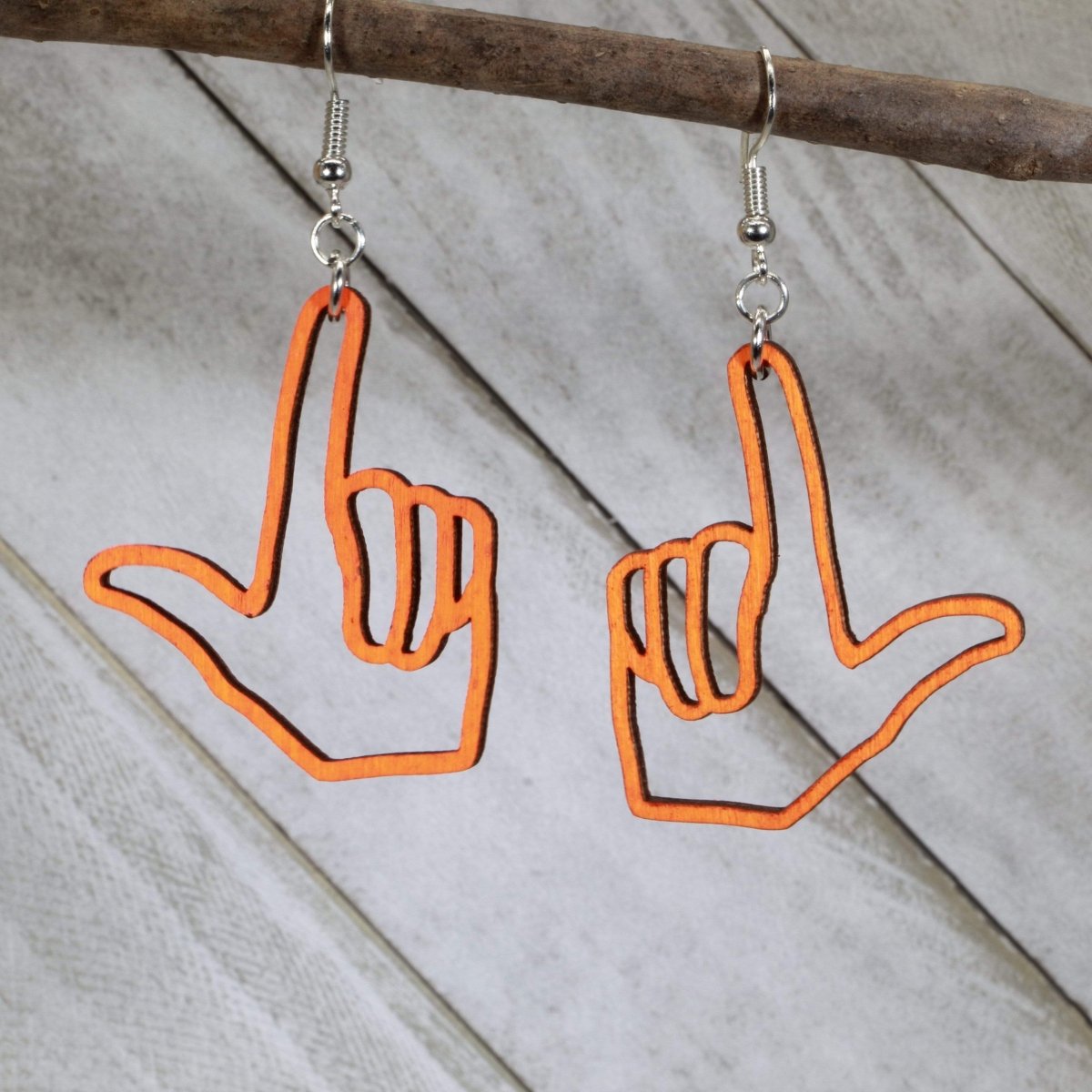 Finger Gun Wooden Dangle Earrings | Funny Gesture Jewelry by Cate's Concepts, LLC, handmade jewelry main product photo
