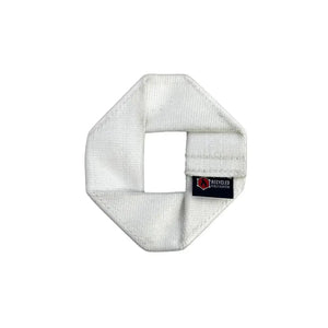 White octagonal dog frisbee made from fire hose with Recycled Firefighter tag.
