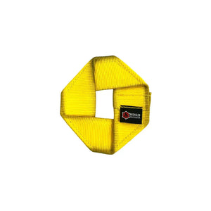 Yellow fire hose dog frisbee with Recycled Firefighter logo.