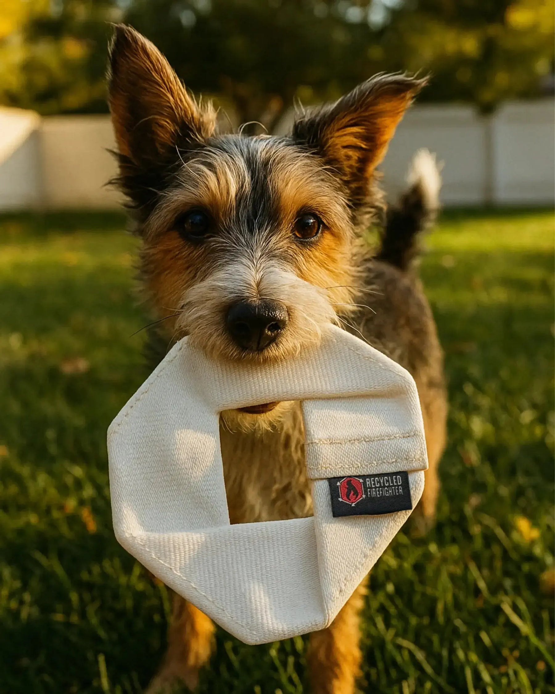 Small dog holding a white hexagonal dog toy made from fire hose.