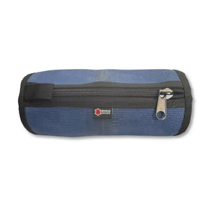 Blue fabric toiletry bag with a zipper and a small "Recycled Firefighter" logo.