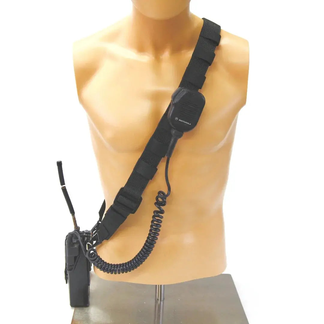 Black firefighter radio strap with speaker microphone and coiled cord